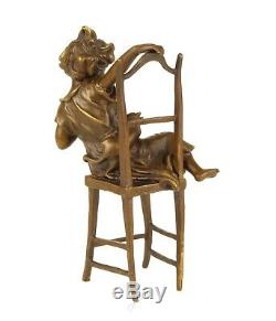 Child With Cat On Chair Solid Genuine Hotcast Bronze Figure See My Other Items