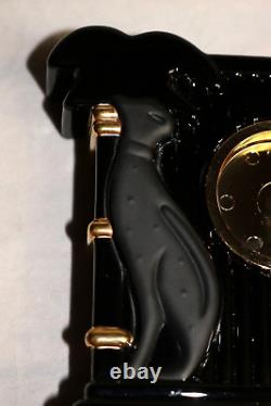 Christian Dior Black Crystal Table Clock Art Deco Cat & Palm Tree Gilt Accents