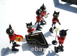 Complete Felix the Cat Jazz Band Lacquer Painted Wood 1940's Erzgebirge Poland