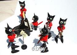 Complete Felix the Cat Jazz Band Lacquer Painted Wood 1940's Erzgebirge Poland