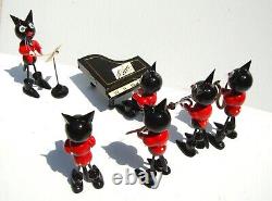 Complete Felix the Cat Jazz Band Lacquer Painted Wood 1940's Erzgebirge Poland