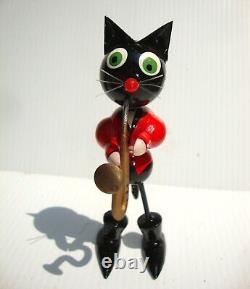 Complete Felix the Cat Jazz Band Lacquer Painted Wood 1940's Erzgebirge Poland