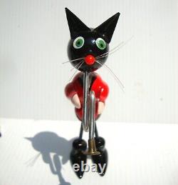 Complete Felix the Cat Jazz Band Lacquer Painted Wood 1940's Erzgebirge Poland