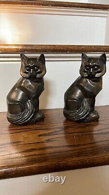 Cubist Cat Bookends. Signed CMW 1929. Antique Bronze Finish