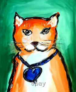 Cute Cat Impasto Impressionist Large Original Oil Painting Pop Art Textured
