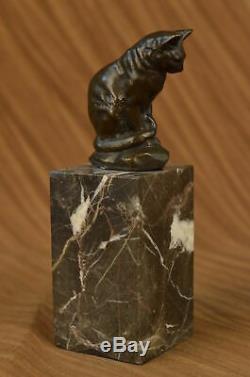 Cute Cat Sitting Bronze Sculture Figurine Art Deco Marble Base Statue Deal