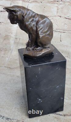 Cute Cat Sitting Bronze Sculture Figurine Figure Art Deco Marble Base Statue Art