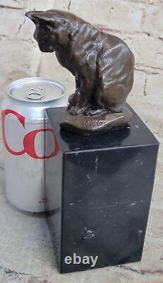 Cute Cat Sitting Bronze Sculture Figurine Figure Art Deco Marble Base Statue Art