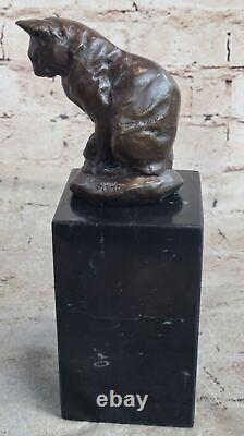 Cute Cat Sitting Bronze Sculture Figurine Figure Art Deco Marble Base Statue Art