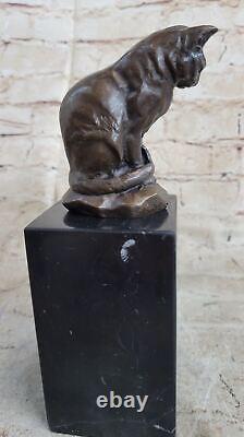 Cute Cat Sitting Bronze Sculture Figurine Figure Art Deco Marble Base Statue Art