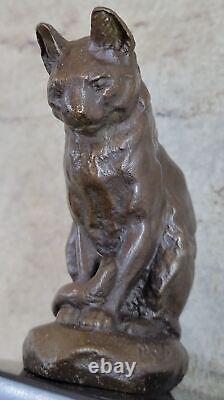 Cute Cat Sitting Bronze Sculture Figurine Figure Art Deco Marble Base Statue Art