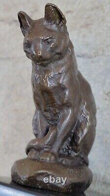 Cute Cat Sitting Bronze Sculture Figurine Figure Art Deco Marble Base Statue Nr