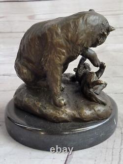 Cute Cat With Kitten Art Deco Bronze Marble Statue Sculpture Decorative Gift NR