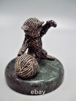 DECO STERLING SILVER 925 Statue Cat Figurine with Yarn Ball Delight fr Your Home