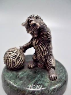 DECO STERLING SILVER 925 Statue Cat Figurine with Yarn Ball Delight fr Your Home