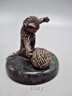 DECO STERLING SILVER 925 Statue Cat Figurine with Yarn Ball Delight fr Your Home