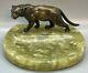 Deco Austria Cold Paint Bronze Statue Lioness Panther Cat Green Onyx Tray Dish