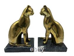 Decorative Crafts Inc Brass Cats Marble Base Bookend Set Art Deco Style 9 Vtg