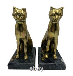 Decorative Crafts Inc Brass Cats Marble Base Bookend Set Art Deco Style 9 Vtg