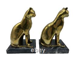 Decorative Crafts Inc Brass Cats Marble Base Bookend Set Art Deco Style 9 Vtg