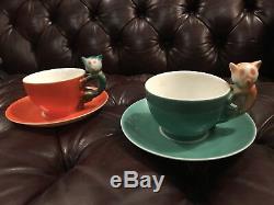 EXTREMELY RARE Vintage Original Pair Of Beyer Bock Art Deco Cat Cups and Saucers