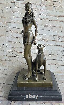 Egypt Nude Queen Cleopatra And Big Cat Bronze Art Deco Hot Cast Sculpture Figure