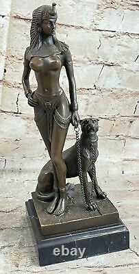 Egypt Nude Queen Cleopatra And Big Cat Bronze Art Deco by Lost Wax Method Figure