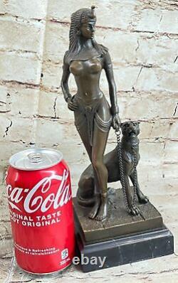 Egypt Nude Queen Cleopatra And Big Cat Bronze Art Deco by Lost Wax Method Figure