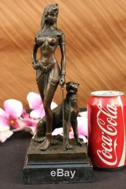 Egypt Nude Queen Cleopatra And Big Cat Bronze Art Deco by Lost Wax Method Figure