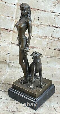 Egypt Nude Queen Cleopatra And Big Cat Bronze Art Deco by Lost Wax Method Figure