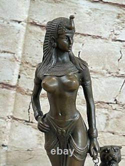 Egypt Nude Queen Cleopatra And Big Cat Bronze Art Deco by Lost Wax Method Figure