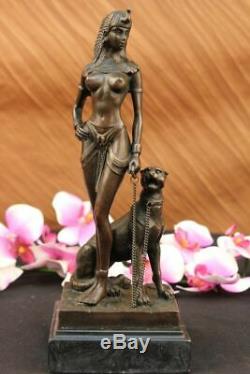 Egypt Nude Queen Cleopatra And Big Cat Bronze Art Deco by Lost Wax Method Statue