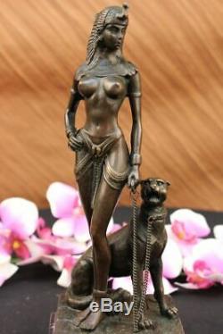 Egypt Nude Queen Cleopatra And Big Cat Bronze Art Deco by Lost Wax Method Statue