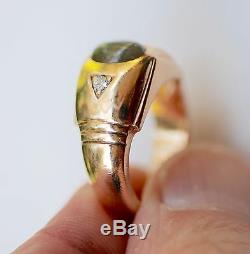 Estate Art Deco Cats-Eye Chrysoberyl & Diamond 14k Yellow Gold Ring Circa 1930s