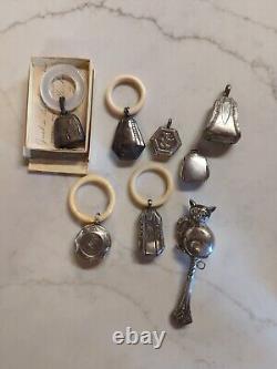 Exceptional Collection Of Antique Art Deco Silver Baby Rattles Flower, Cat