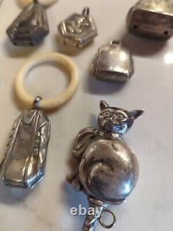 Exceptional Collection Of Antique Art Deco Silver Baby Rattles Flower, Cat