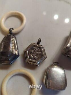 Exceptional Collection Of Antique Art Deco Silver Baby Rattles Flower, Cat