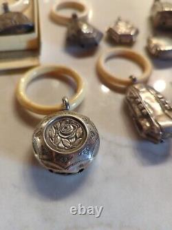 Exceptional Collection Of Antique Art Deco Silver Baby Rattles Flower, Cat