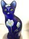 Fenton Art Glass Cobalt Blue Cat With Flowers Signed S. Hughes