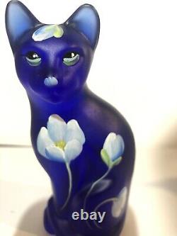 Fenton Art Glass COBALT BLUE cat with Flowers Signed S. Hughes