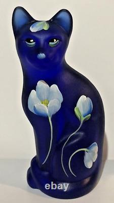 Fenton Art Glass COBALT BLUE cat with Flowers Signed S. Hughes