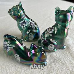 Fenton Art Glass Cat Figurine 3 Piece Set Cats Spruce Green Carnival 687/1950