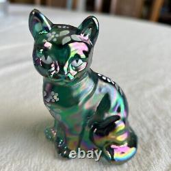 Fenton Art Glass Cat Figurine 3 Piece Set Cats Spruce Green Carnival 687/1950