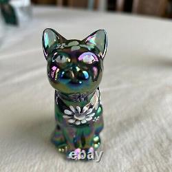 Fenton Art Glass Cat Figurine 3 Piece Set Cats Spruce Green Carnival 687/1950