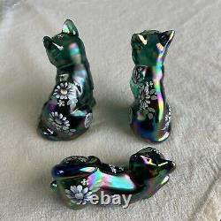 Fenton Art Glass Cat Figurine 3 Piece Set Cats Spruce Green Carnival 687/1950