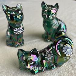 Fenton Art Glass Cat Figurine 3 Piece Set Cats Spruce Green Carnival 687/1950