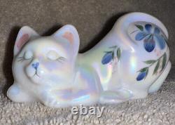 Fenton Art Glass Hand Painted Crouching Cat Figurine