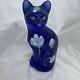 Fenton Art Glass Stylized Cat Cobalt Blue With Hand Painted Flowers S. Hughes 5.5