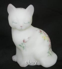 Fenton Art Glass Stylized Cat Figure Roses Satin Hand Painted 95th Anniversaary