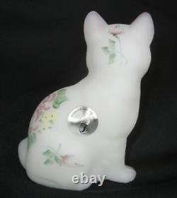 Fenton Art Glass Stylized Cat Figure Roses Satin Hand Painted 95th Anniversaary